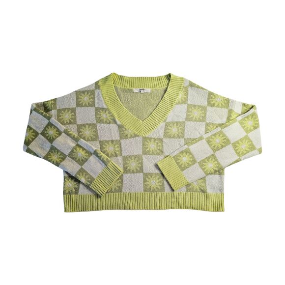 Madden NYC Womens V Neck Sweater XL Green White 70s Checkered Flowers - Picture 1 of 5